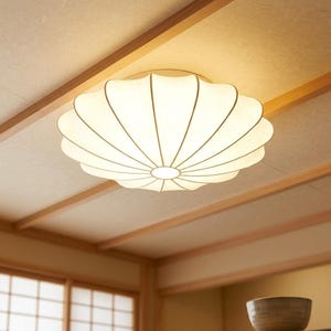 Silk Flush Mount Ceiling Light - Japanese Style Shell Lamp, Art Deco Bedroom Fixture