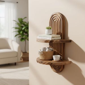 Peut inclure: Étagère murale en bois avec deux étagères incurvées et un dessus en forme d'arche. Les étagères contiennent une petite plante en pot, des livres, un panier tressé avec des articles roulés et une tasse à thé. L'étagère est en bois brun clair.
