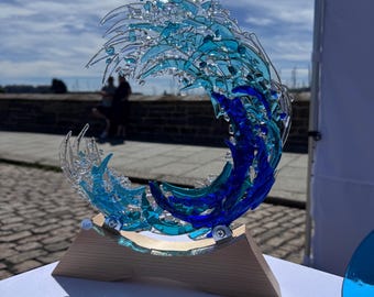 Large Fused Glass Wave with Redwood Pine Stand