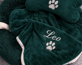 Manta personalizada para perro con nombre bordado y almohada con forma de hueso | Regalo personalizado para mascotas | Ropa de cama suave para cachorros