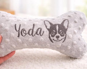 Personalized Dog Bone Toy with Name and Portrait Embroidery, Plush Squeaky Toy. Gift for Newly Adopted Dog.
