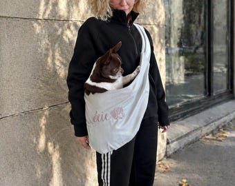 Coton Velvet Dog Sling Carrier: Hands-Free Pet Sling for Small Dogs with Custom Name Embroidery & Pet Portrait Design, Dog Lover Gift