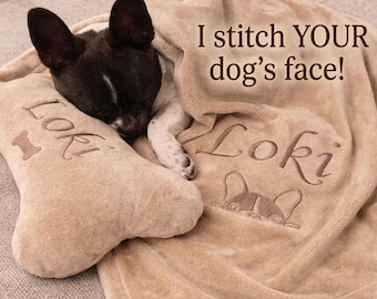 Gepersonaliseerde hondendeken en kussenset in de vorm van een bot | Deken met hondennaam | Cadeau met huisdierportret | Geborduurd dierenbeddengoed | Cadeau voor hondenmoeder