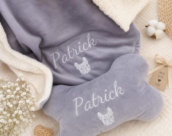 Individuelle Hundedecke & Knochenkissen | Personalisiertes Haustierporträt als Geschenk für Hundemama | Hundebettwäsche – Individuelles Haustiergeschenk