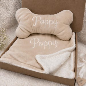 Hundedecke & Knochenkissen-Set | Individuell besticktes Haustiergeschenk | Personalisierte Hundedecke | Erinnerungsgeschenk für Hundemama