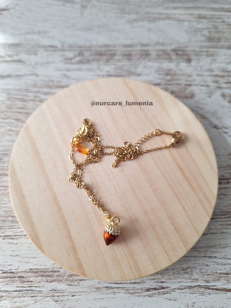 K&ouml;nnte beinhalten: Eine goldfarbene Halskette mit einem Eichelanh&auml;nger. Der Eichelanh&auml;nger ist braun mit einer goldfarbenen Kappe und mit kleinen, klaren Kristallen verziert. Die Halskette wird auf einer runden, hellen Holzoberfl&auml;che pr&auml;sentiert. Der Text "@nurcare_lumenia" ist sichtbar.