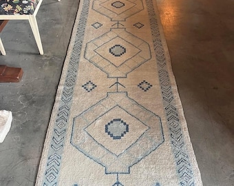 Hand Knotted Wool Rug, Beige Blue Oushak Runner, Turkish Vintage style Antique Runner Rug, Entryway Hall, Living area, 3x12, 3x9 custom size