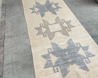 Hand Knotted Beige Blue, 100% Wool Rug, Runner For Entryway Hall, Living Area, Kitchen Bedroom Runner Rug, Neutral Vintage Style 3x12, 3x9,
