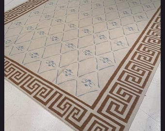Blue Lattice Rug with Greek key Border, Handmade Wool Area Rug, Neutral Beige Blue Carpet, Living Room Rug, Custom Size Rug 8x10,9x12,10x14.