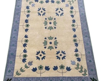 Hand-Knotted Beige Blue Rug, Living Room Bedroom Farm House Kitchen Dining Area Carpet, Premium Rug wit soft wool Decor your Home, 8x10ft