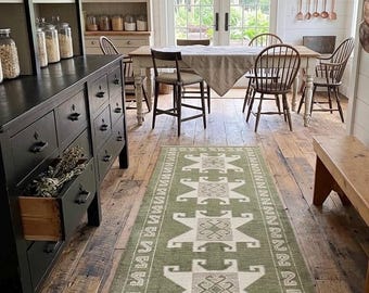 Oushak runner, Green 100% Wool Handknotted Runner Rug, Perfect For Hall Kitchen Dining Farm Living area Runner Rug 3x12, 3x9. Carpet Nonslip