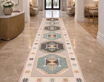 Hand Knotted  Oushak Runner Rug 3x10, Wool Kitchen Runner, Distressed Turkish Style Hallway Rug, Vintage Aesthetic Décor Custom Size Avail