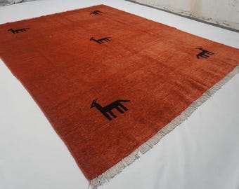 Orange Vintage  Rug / Turkmen Gabbeh Rug/ Handmade Wool Rug/ Soft Pile Fine Rug/ Oriental Rug/ Bedroom Rug / Living Area 5x8, 8x10, 9x12 4x6