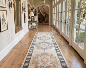 Oushak Runner, Light foundation with gorgeous saturated accent colors, Handknotted 100% Wool,3x12 Hallway Kitchen Farm Runner Carpet, Decor