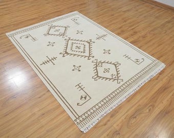 Hand Knotted Oushak Rug, Beige Brown Tribal Area Rug, Neutral Turkish Style Rug, Geometric Boho Rug, Farmhouse Living Room Carpet, 5x8 8x10