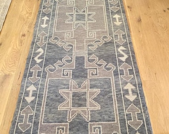 Hand Knotted Oushak Runner Rug, Grey Geometric | Wool Rug Modern Hallway Runner Kitchen Runner Muted Transitional Tribal Area Rugs 3x8, 3x14