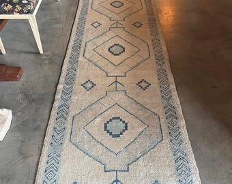 Turkish Oushak runner, size 3x12 Silver/gray foundation with blue hues. A perfect For Hallway Runner rug, 100% wool Handnotted Runner