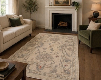 Vintage Hand Knotted, Area Rug, Oushak Rug, Vintage Neutral Floral Carpet, Soft Durable Living Room Rug, Bedroom Rug, decor rug, 8x10, 10x14