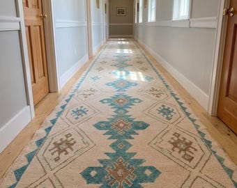 Unique Antique Runner Rug For Hallway, Handmade 100% Wool Handknotted Premium Runner Rug, Beige and blue 3x9, 3x6, 3x12 custom your rug