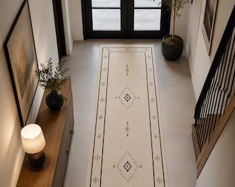 Hand Knotted Hallway Runner Rug, Modern Geometric Wool Runner, Neutral Beige Entryway Rug with Fringe, Long Corridor Carpet, Luxury Hallway
