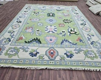 Hand-Knotted Green Rug, Living Room Bedroom Farm House Kitchen Dining Area Carpet, Premium soft wool Rug Decor your Home, 8x10, 9x12, 10x14