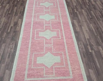 Hand Knotted Pink  Beige, 100% Wool Runner Rug, Entryway Hall Dining Kitchen Runners for Traditional, Oushak rug 3x9, 3x6, 2x12. 2x8 ft rugs