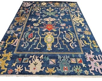 N Blue Hand Knotted Oushak Rug, Turkish Style Large Area Living Room Bedroom Farm House Wool Rug, Custom Sizes Modern Decor Style, 5x8, 9x12