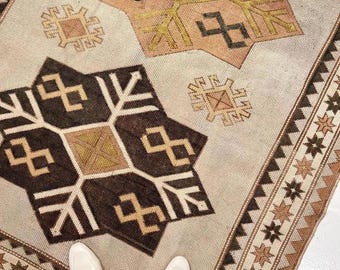 Oushak Rug Hand Knotted Wool Beige & Brown 6x9 8x10 9x12 Vintage Turkish Geometric Area Rug Boho Living Room Bedroom Carpet Custom Size
