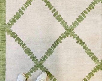 Hand Knotted Oushak Rug Sage Green and Cream Diamond Area Rug Large Wool Carpet Muted Geometric Statement Rug for Living Room Bedroom Decor