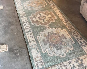 Neutral Turkish Oushak runner, Green 100% Wool Handknotted Runner Rug, Perfect For Hall Kitchen Dining Farm Living area Runner Rug 3x12, 3x9