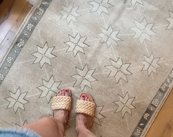 Muted Modern Oushak Hand Knotted Rug,  Handmade Oushak Rug for Living Room, Bedroom, Dining Area, Beige Turkish Handmade Area Rug, Wool Rug