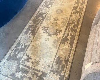 Neutral Turkish Oushak runner, Beige Gray 100% Wool Handknotted Runner Rug, Perfect For Hall Kitchen Dining Farm Living area Runner Rug