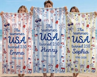 Personalized Beach Towel, America 250th Anniversary Gift, Freedom Never Goes Out of Style, Patriotic Summer Vacation Family Towel