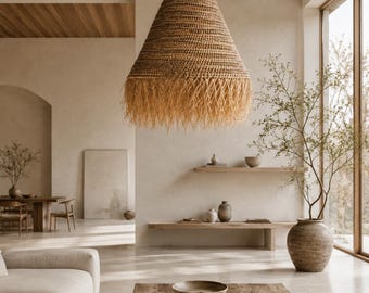 Op de afbeelding: Een grote, conische hanglamp gemaakt van gevlochten natuurlijke vezels, met een getextureerd, gevlochten bovendeel en een lange, gefranjerde onderrand, opgehangen aan het plafond met een dik, gedraaid touw in een neutrale kamer.