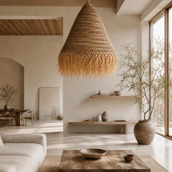 Boho-Pendelleuchte mit natürlichem Bastschirm, Ø 64 cm – XXL-Pendelleuchte aus Bali, handgefertigt – Boho-Chic-Beleuchtung – Wabi-Sabi-Dekoration