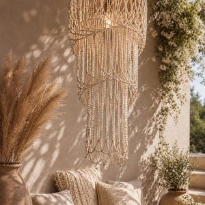 Peut inclure: Une suspension à plusieurs niveaux fabriquée en corde tressée blanc cassé, dotée d'un cadre circulaire au sommet avec plusieurs couches de franges suspendues créant une silhouette cylindrique en cascade avec une ampoule visible.