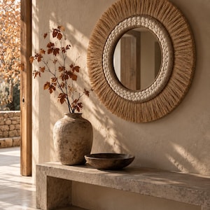 May include: A round wall mirror featuring a frame made of natural tan fibers and a circular inner border of small white shells. The mirror is mounted on a wall above a stone bench, positioned next to a large textured clay vase and a dark bowl.