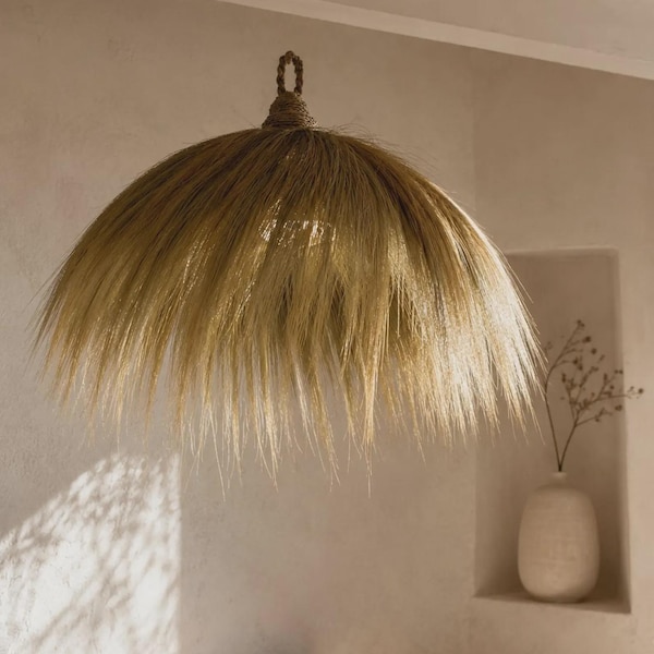 Naturstroh-Leuchte – XXL-Boho-Lampenschirm – Boho-Chic-Leuchte – Handgefertigte Pendelleuchte – Wabi-Sabi- und Küstenstil