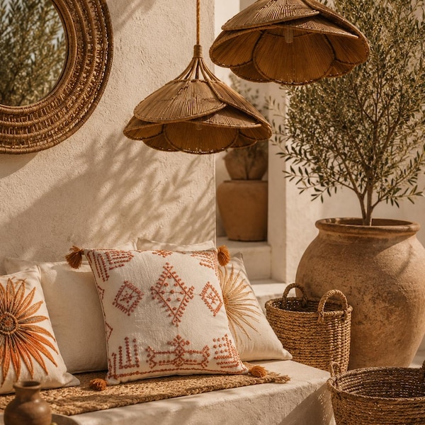Besticktes Terrakotta-Kissen im Ethno-Stil – Mediterraner Boho-Chic-Dekor, indisch