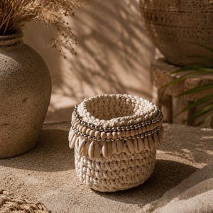 May include: A small, round, off-white crocheted basket featuring a decorative rim adorned with a row of metallic silver beads, a row of light wooden beads, and a dangling fringe of small, natural white cowrie shells around the top edge.