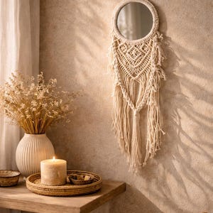 Peut inclure: Un miroir rond en macramé crème est suspendu à un mur beige. Le miroir est orné de macramé tissé avec un motif géométrique et des franges. Un vase avec des fleurs séchées, une bougie et un plateau en osier sont sur une étagère en bois.