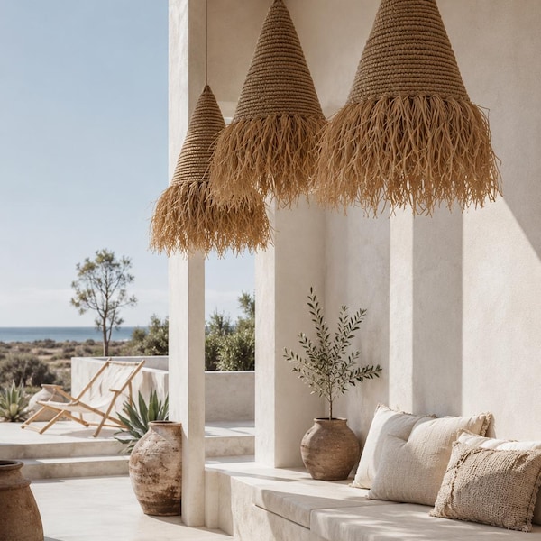 Raffia-Pendelleuchte – Boho-Kronleuchter mit Fransen – Wabi-Sabi-Beleuchtung – Mediterranes, organisches Dekor – Küsten-Deckenleuchte