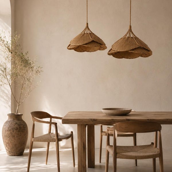 Übergroße Raffia-Pendelleuchte – Boho-Fransen-Kronleuchter – Wabi-Sabi-Beleuchtung – Mediterranes, organisches Dekor – Küsten-Deckenleuchte