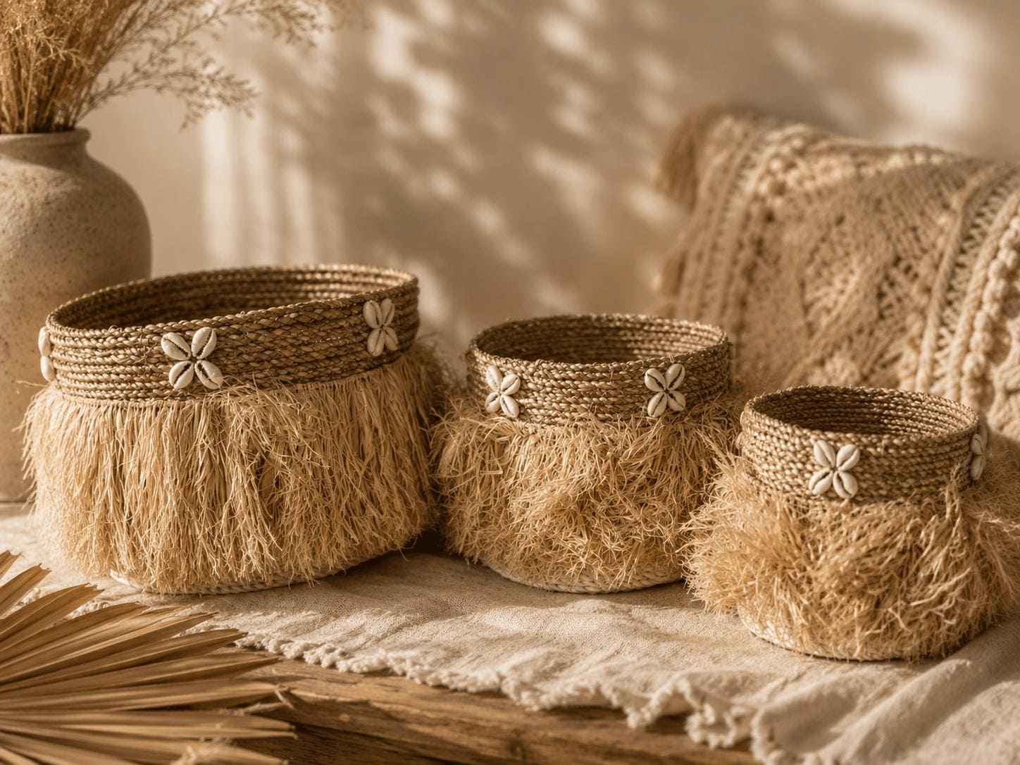 Set de 3 Paniers Bohème en Jonc de Mer avec Franges & Coquillages — Beyit