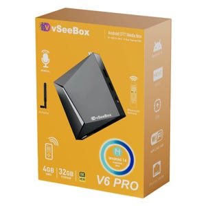 May include: A black V6 PRO Android OTT Media Box with the vSeeBox logo on a yellow and orange box. Features include 4GB RAM, 32GB storage, 8K HDR, and Android 14. Includes a Bluetooth remote and antenna.