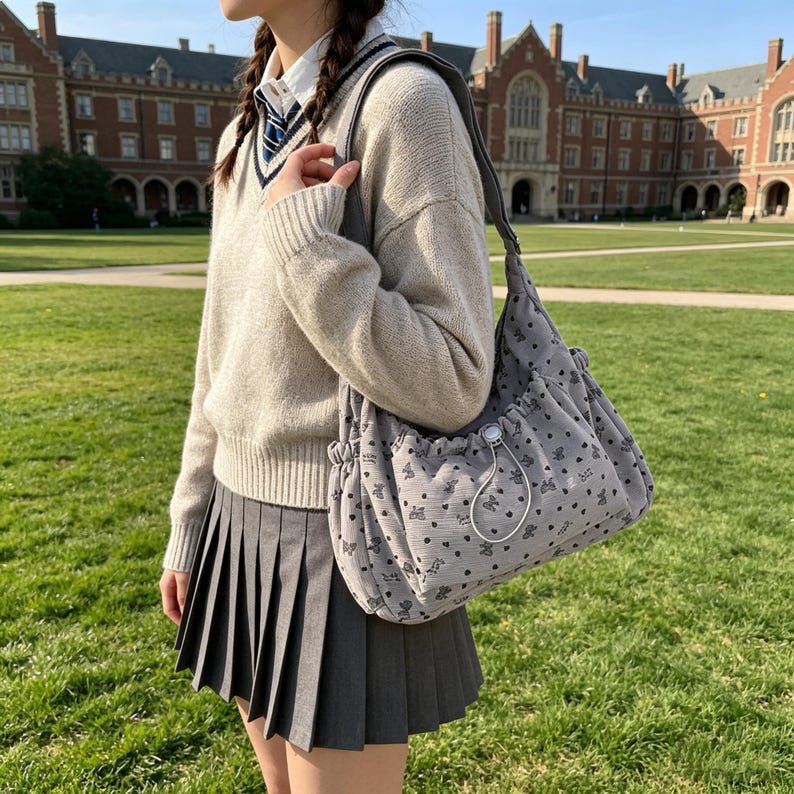 May include: A gray shoulder bag with a drawstring closure and a pattern of small black shapes. The bag is carried over the shoulder. The background shows a person wearing a sweater and pleated skirt on a grassy area with a large building.