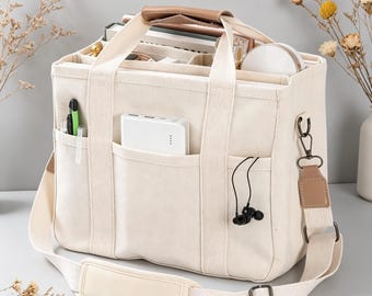 Canvas Tote Bag with Multi Pockets Crossbody Tote Bag for Women Bible Handbag Everything Tote Bags with Compartments
