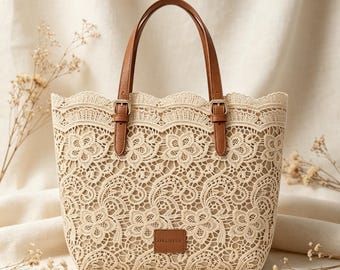 2026 Summer Aesthetic Crochet Lace Tote Bag | Bohemian Kiss Lock Shoulder Purse | Vintage-Inspired Large Straw Handbag for Women
