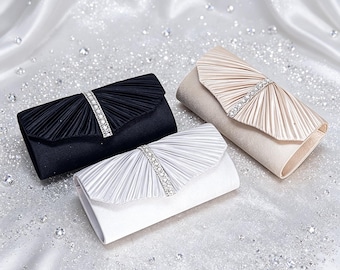 Black Pleated Satin Evening Clutch Bag with Rhinestone Detail, Detachable Chain Strap, Convertible Envelope Purse for Wedding & Party