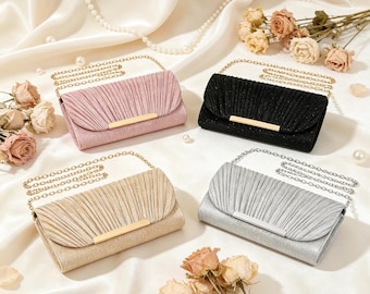 Borsa da sera plissettata glitterata / pochette a tracolla convertibile per spose, balli di fine anno ed eventi speciali